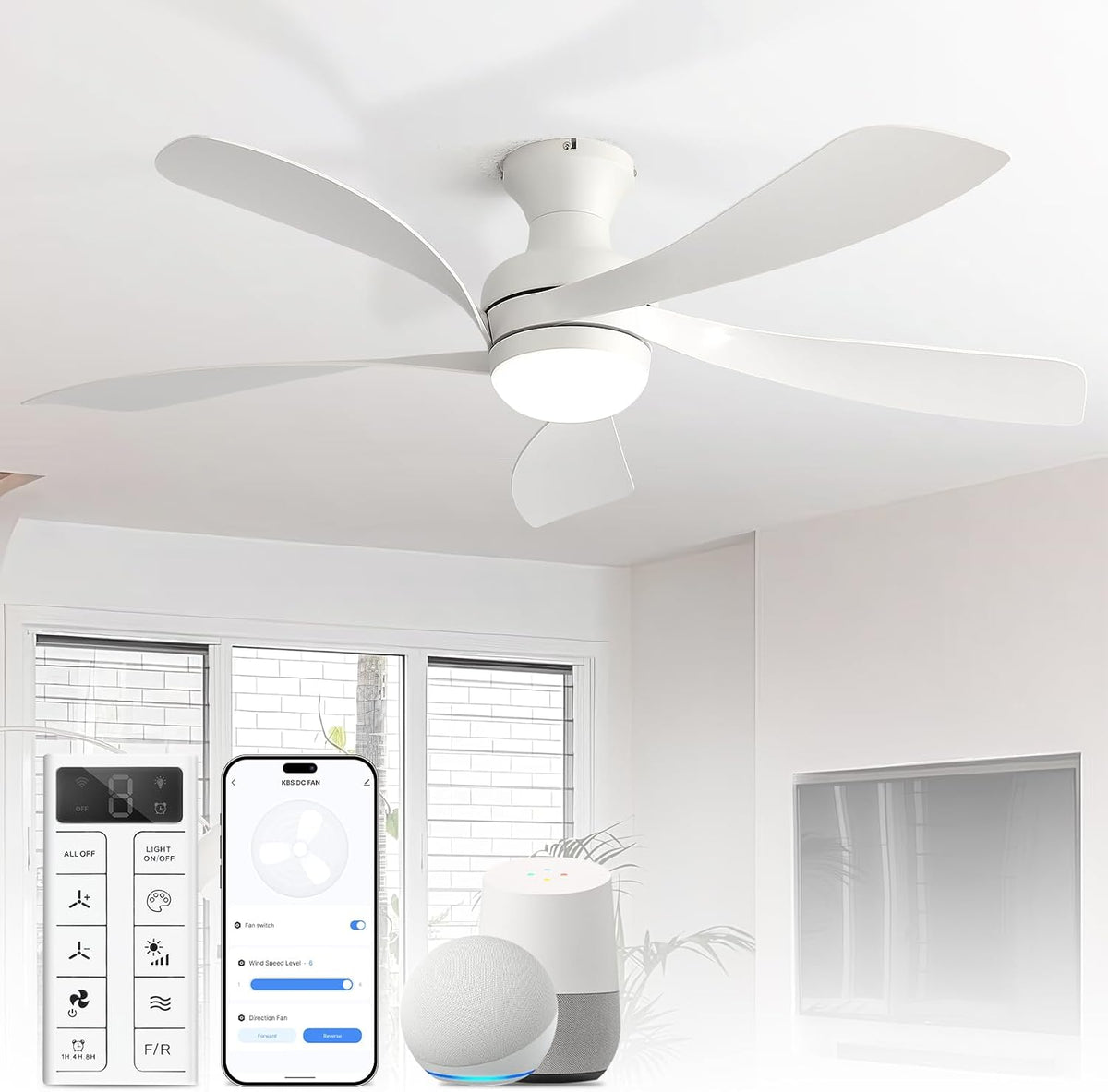 Sofucor Smart Deckenventilator mit Beleuchtung,132cm Deckenventilator mit Licht, Alexa/APP, Fernbedienung, 3 Farbtemperatur, Timer