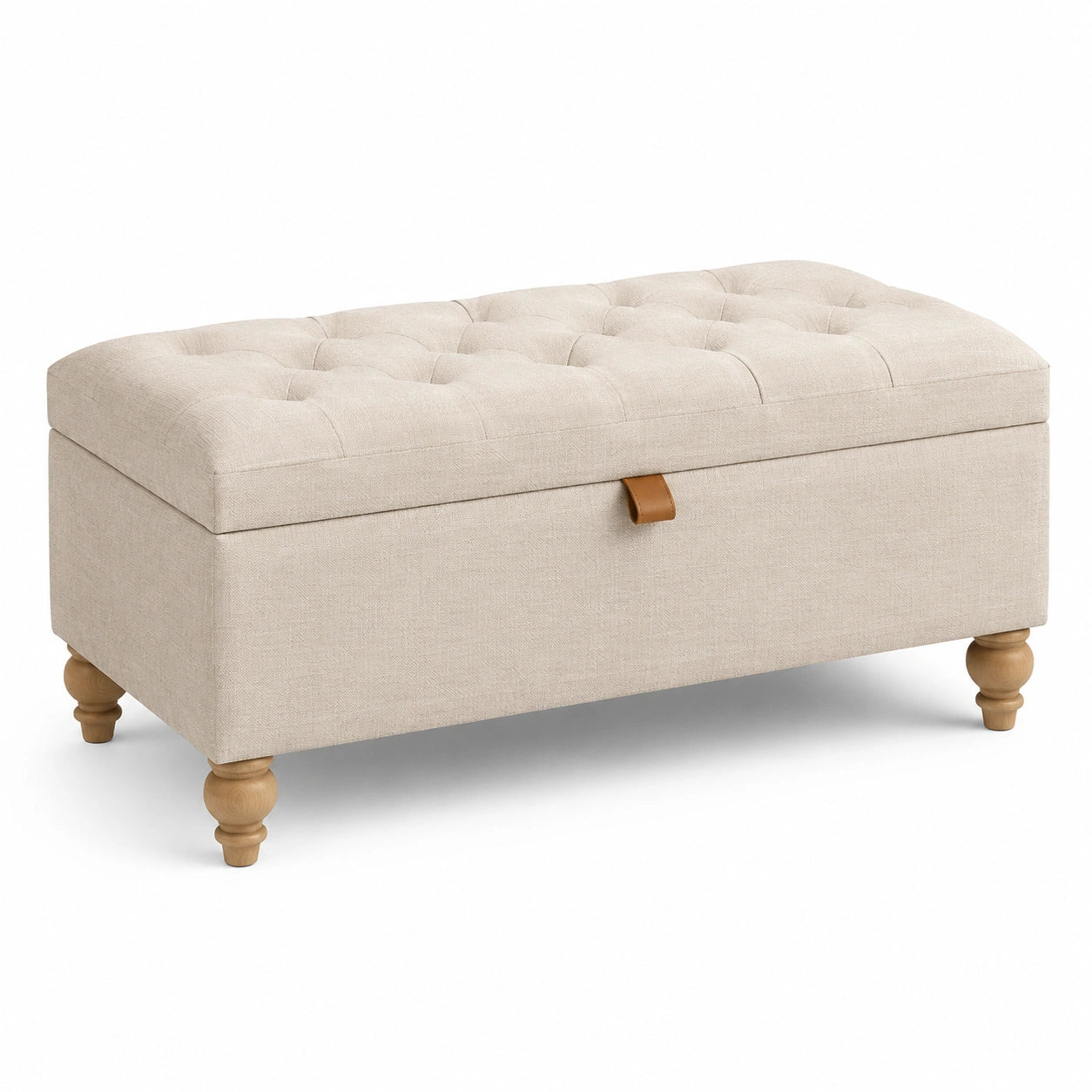 Gepolsterte Sitzbank mit Stauraum, 110 × 45 × 50 cm, Beige/Hellbraun, Knopfheftung und Holzfüße