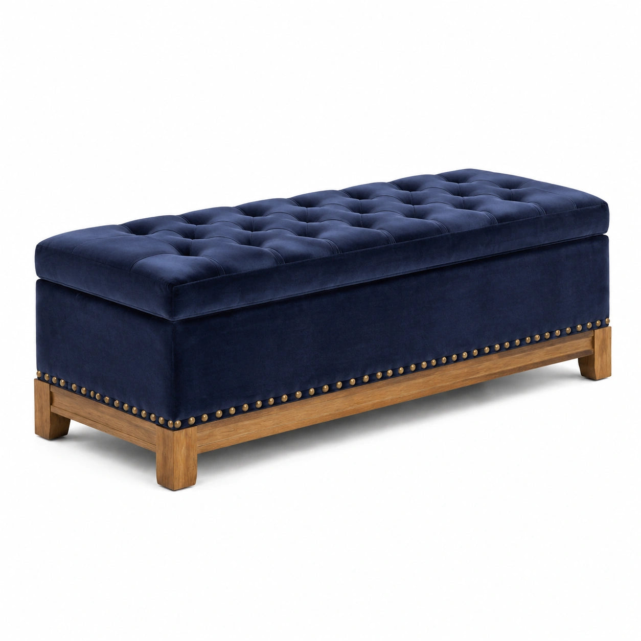 Gepolsterte Stauraumbank mit Samtbezug und Knopfheftung, Dunkelblau/Braun, 140 × 50 × 48 cm
