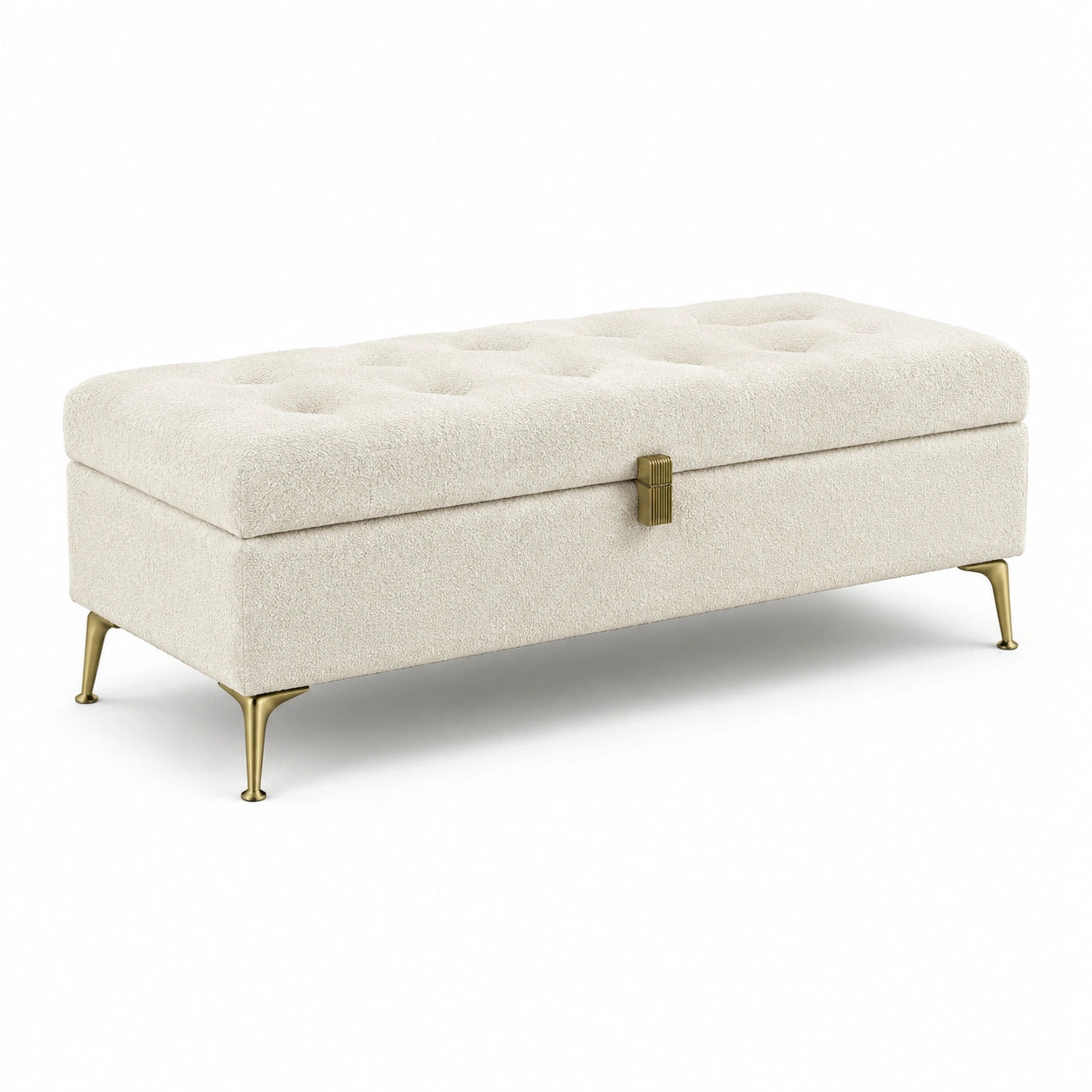 Stauraumbank mit Klappdeckel, 120 × 45 × 45 cm, Creme/Gold, Bouclé-Optik und Metallfüße