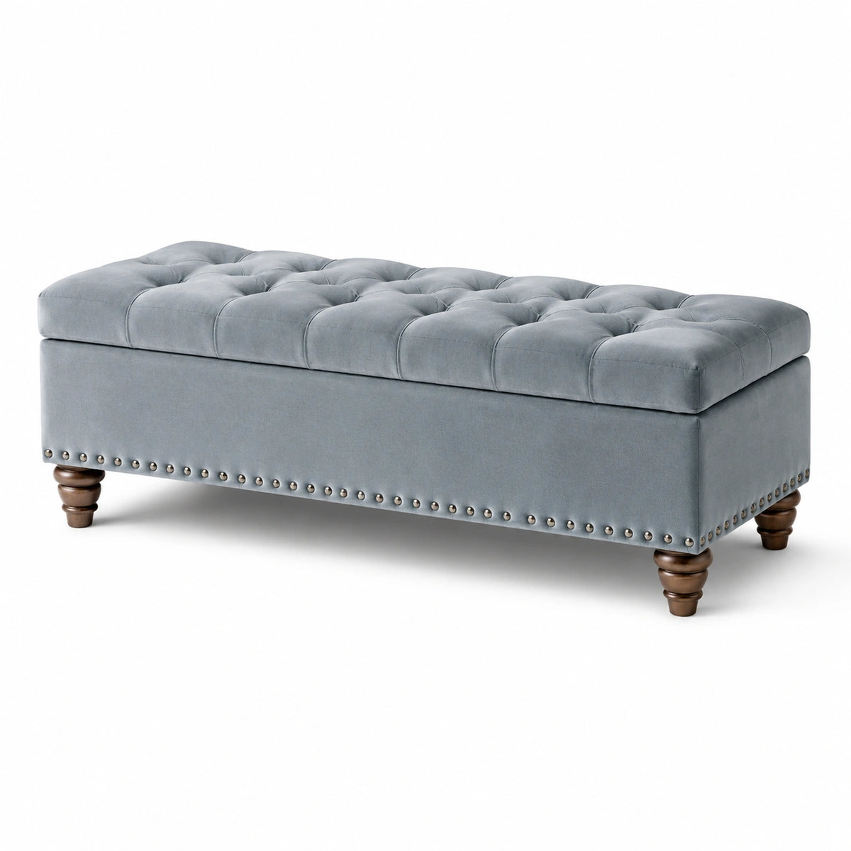 Gepolsterte Sitzbank mit Knopfheftung, grauem Textilbezug und Holzbeinen, 120 × 45 × 48 cm