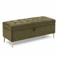 Sitzbank mit Stauraum, 110 × 40 × 45 cm, olivgrüner Samtbezug mit Knopfheftung und goldfarbenen Metallbeinen