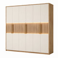 Moderner Kleiderschrank mit 6 Türen und integrierter Beleuchtung, 270 × 60 × 240 cm, Creme/Eichefarben/Goldfarben