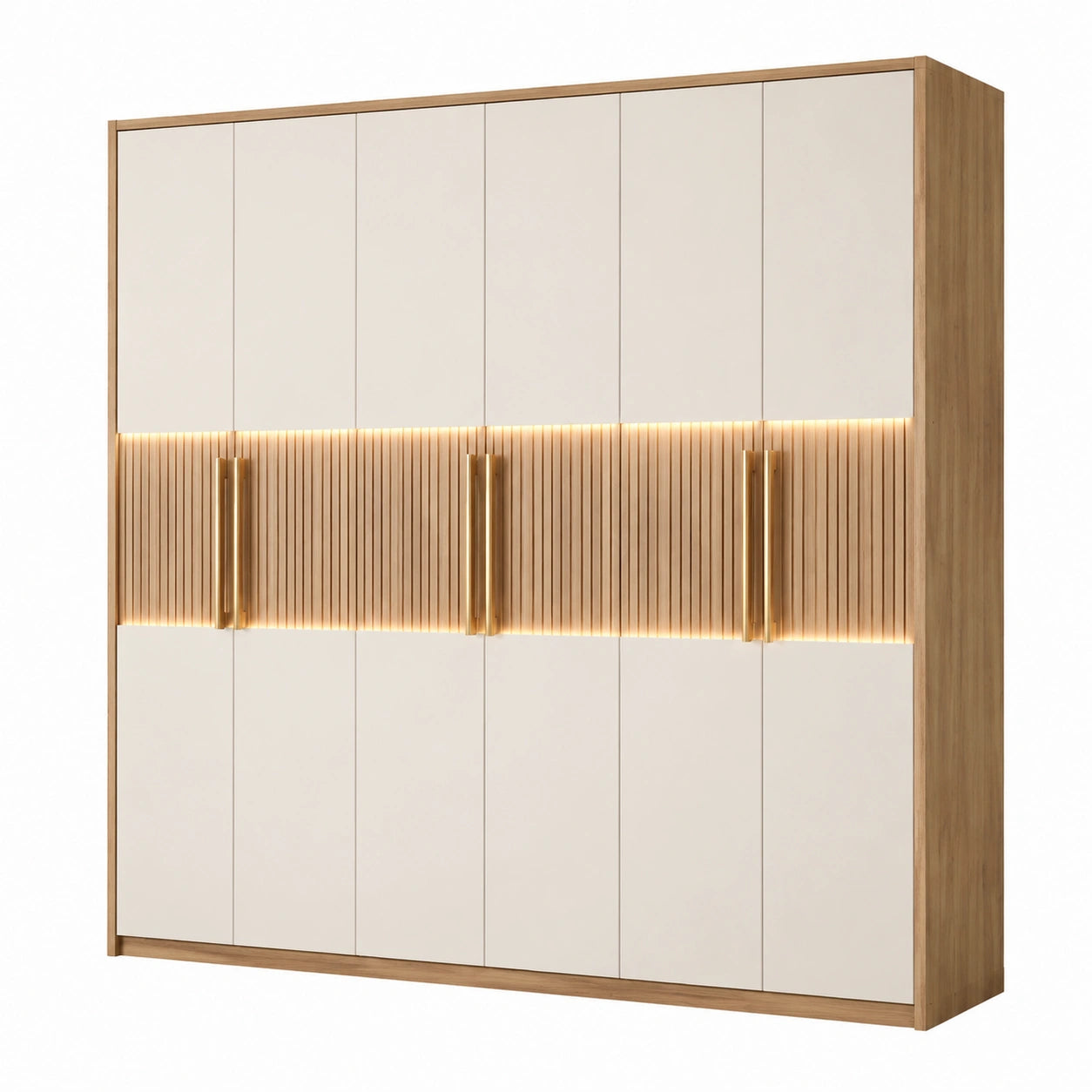 Moderner Kleiderschrank mit 6 Türen und integrierter Beleuchtung, 270 × 60 × 240 cm, Creme/Eichefarben/Goldfarben