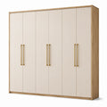 Kleiderschrank mit 6 Türen, 300 × 60 × 220 cm, Creme und Eiche mit goldfarbenen Griffen