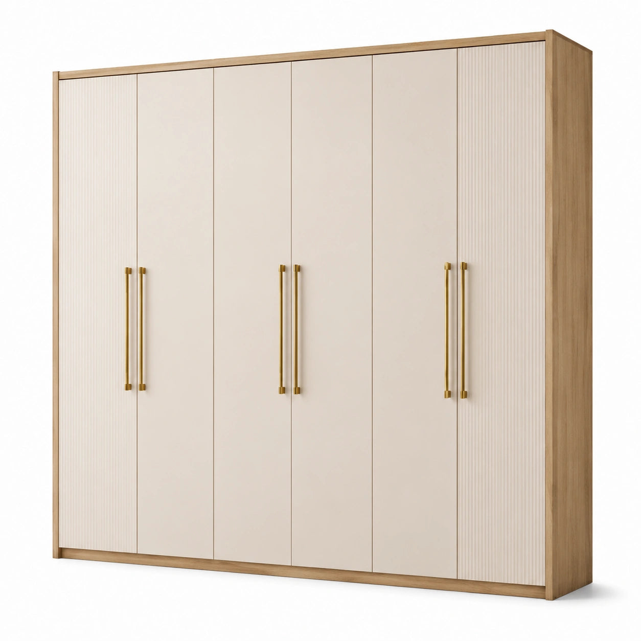 Kleiderschrank mit 6 Türen, 300 × 60 × 220 cm, Creme und Eiche mit goldfarbenen Griffen