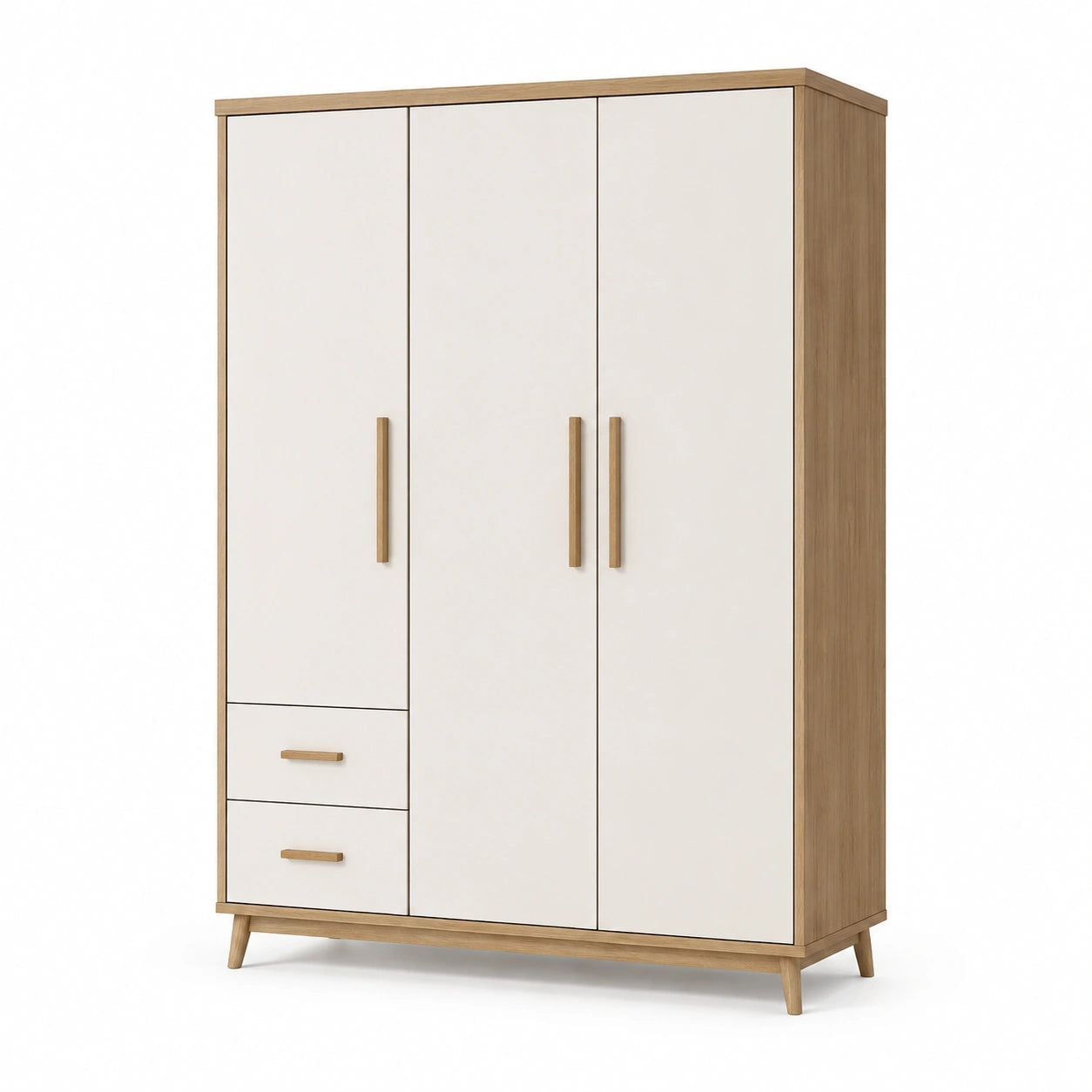 Kleiderschrank aus Holzwerkstoff, 120 × 52 × 190 cm, Weiß/Eiche Natur, 3 Türen und 2 Schubladen, skandinavischer Stil