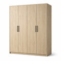 Viertüriger Kleiderschrank aus Holzwerkstoff in Hellbraun mit schwarzen Griffen, 200 × 55 × 220 cm