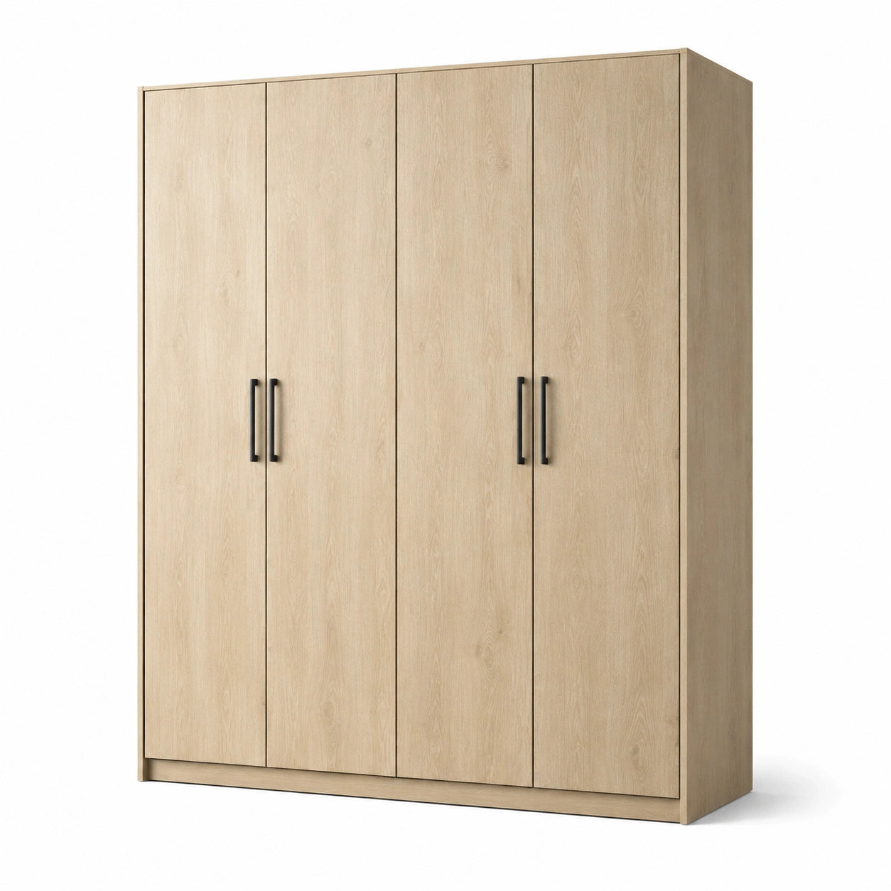 Viertüriger Kleiderschrank aus Holzwerkstoff in Hellbraun mit schwarzen Griffen, 200 × 55 × 220 cm