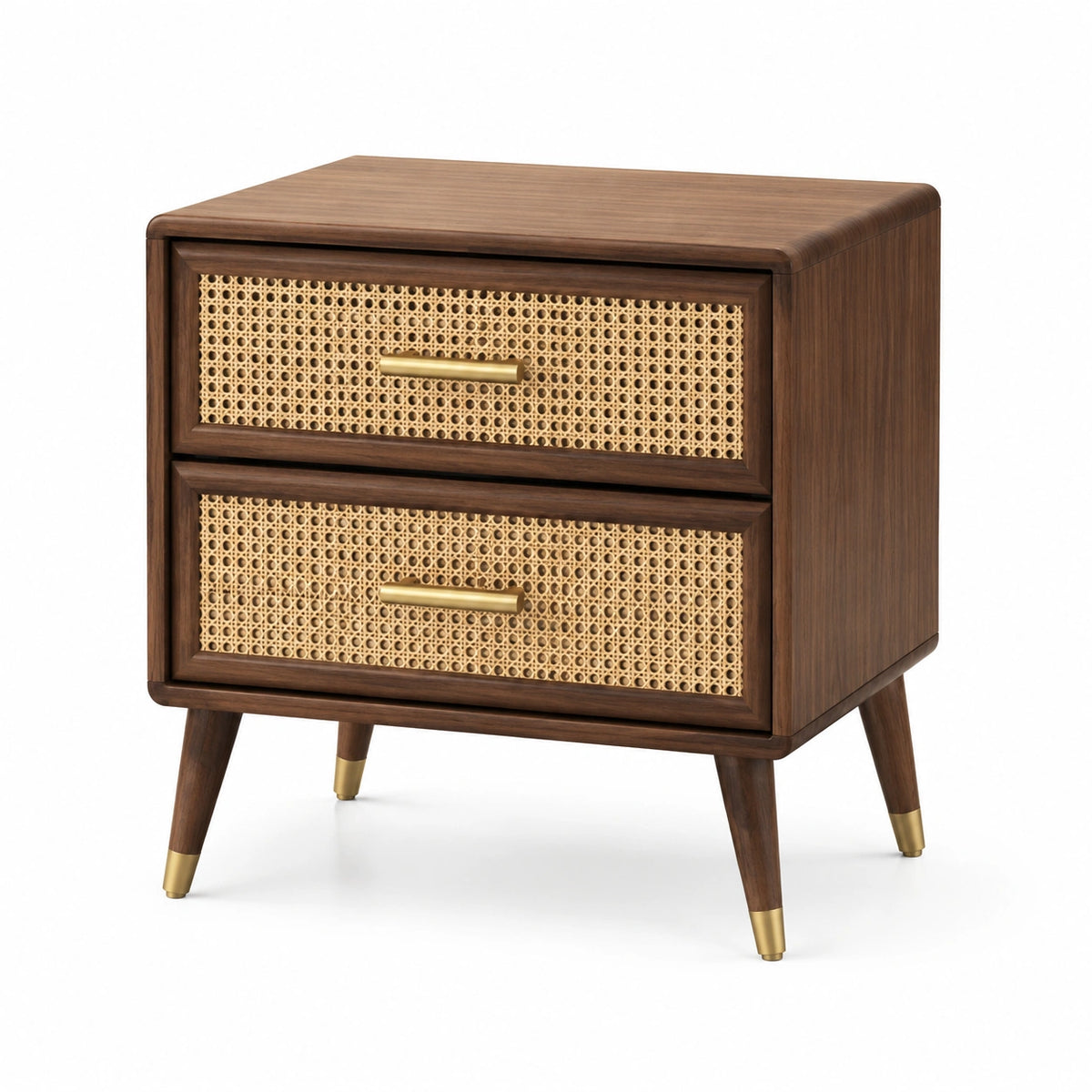 Nachttisch mit 2 Schubladen, 60 × 40 × 65 cm, Braun/Natur/Goldfarben, Holzwerkstoff mit Rattanoptik, Retro-Stil