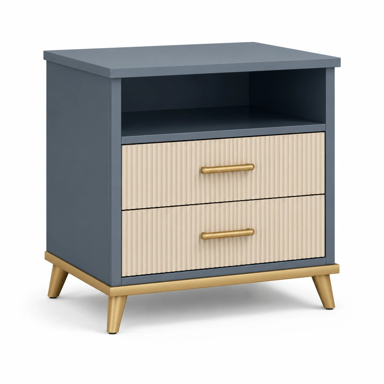 Moderner Nachttisch aus Holzwerkstoff mit 2 Schubladen und offenem Fach, 50 × 40 × 60 cm, Dunkelblau/Creme/Gold