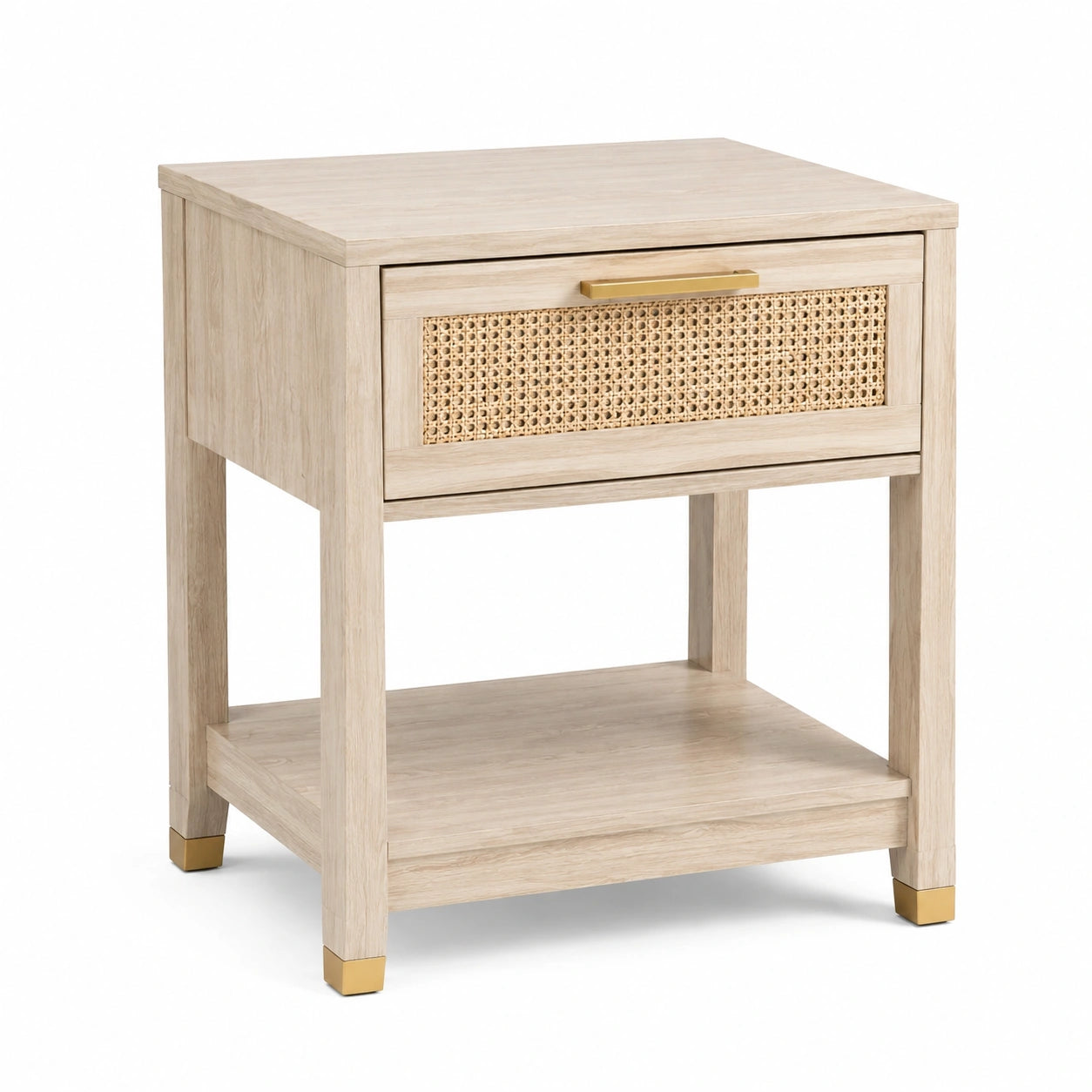 Nachttisch aus Holzwerkstoff mit Rattangeflecht, Schublade und Ablagefach, Natur/Gold, 50 × 40 × 60 cm