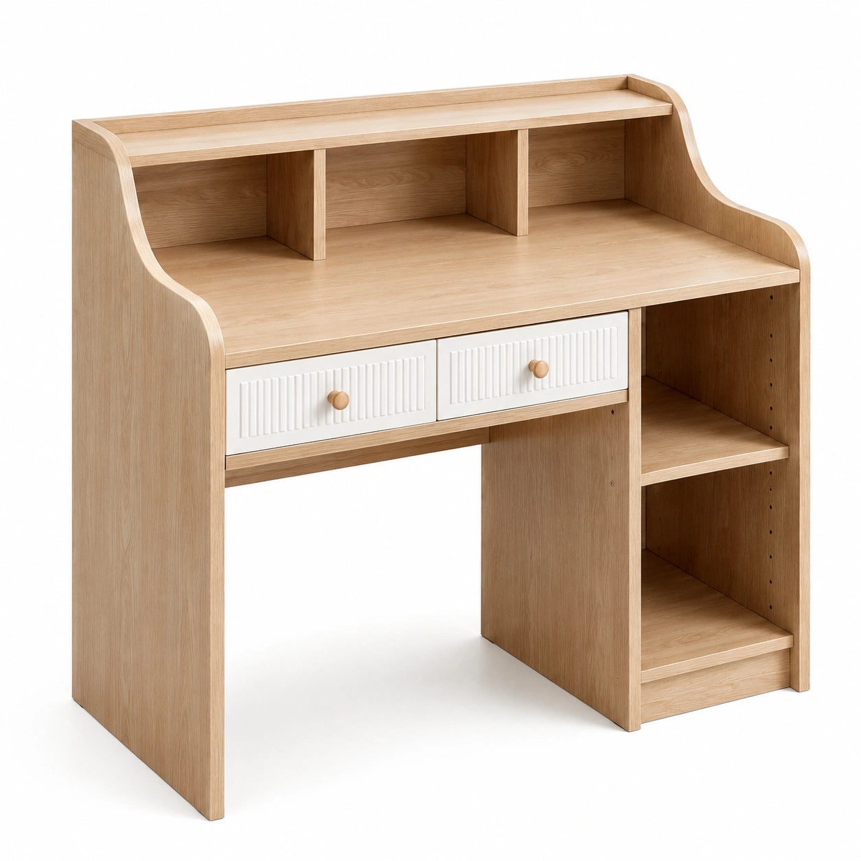 Moderner Schreibtisch aus Holzwerkstoff mit 2 Schubladen und offenen Ablagefächern, Eichefarben/Weiß, 120 × 60 × 110 cm