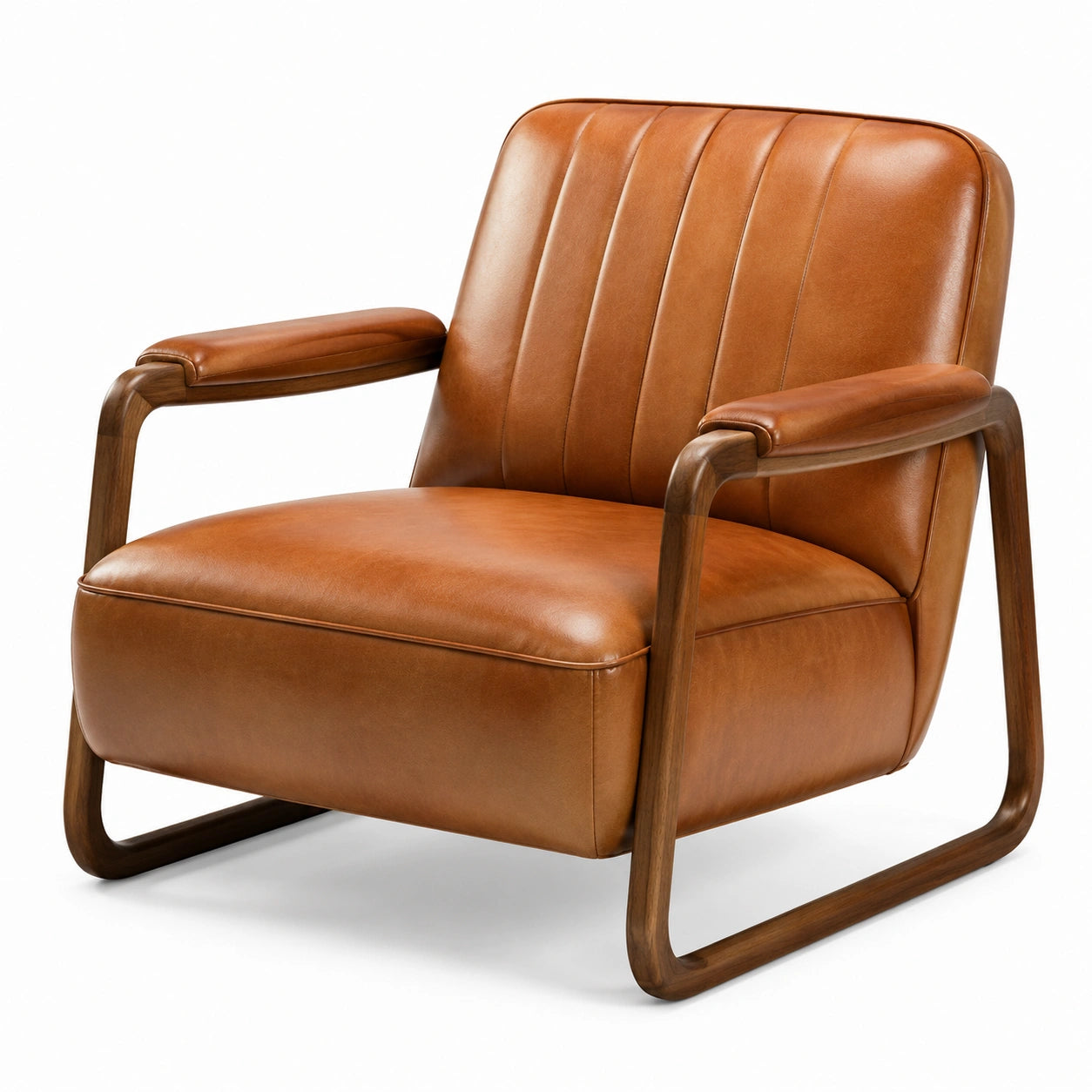Retro-Sessel mit braunem Kunstlederbezug, dunkelbraunem Holzgestell und Armlehnen, 78 × 84 × 86 cm