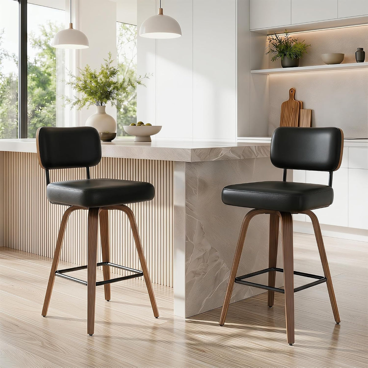360°Drehbarer Barhocker 2er Set, PU Barhocker 65cm Sitzhöhe mit Holzbeinen, Mid-Century-Design Bar hocker mit 4 Beinen und Lehne, Schwarz