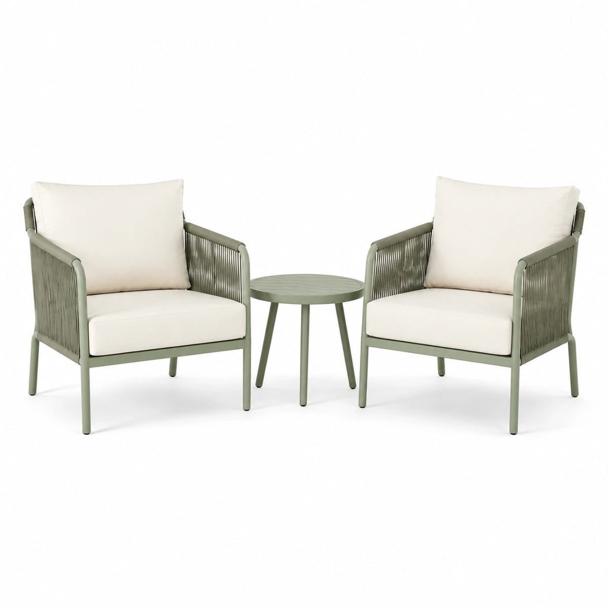3-teiliges Set in Grün und Beige mit 2 Sesseln à 71 × 74 × 83 cm und rundem Tisch 50 × 48 cm