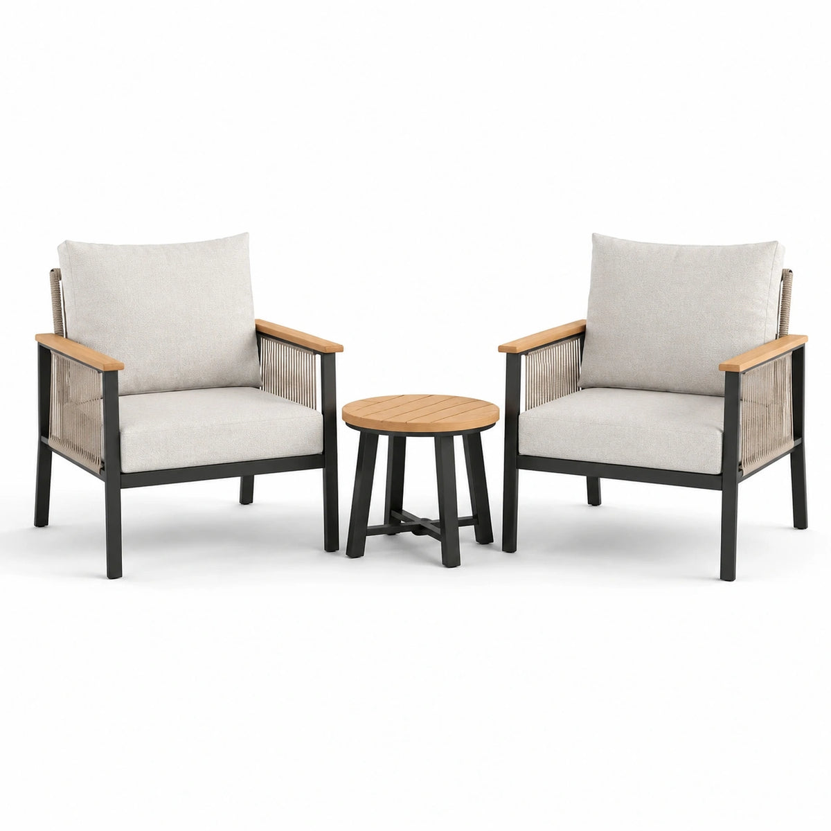3-teiliges Gartenmöbelset mit 2 Sesseln 70 × 75 × 83 cm und Beistelltisch Ø 50 × 45 cm – Beige/Schwarz/Hellbraun