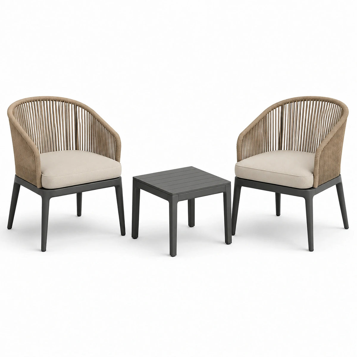 3-teiliges Gartenmöbel-Set mit 2 Sesseln 62 × 62 × 81 cm und Tisch 50 × 50 × 43 cm, Taupe/Beige/Anthrazit
