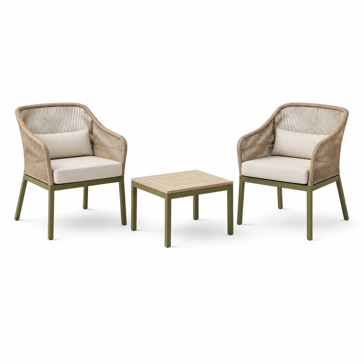 3-teiliges Gartenmöbel-Set mit 2 Gartensesseln 65 × 66 × 84 cm und Beistelltisch 60 × 60 × 42 cm – Taupe/Creme/Olivgrün