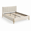 Gepolstertes Doppelbett in Beige mit hohem Kopfteil, Holzlattenrost und goldfarbenen Metallbeinen, Liegefläche 160 × 200 cm, Gesamtmaß 214 × 168 × 112 cm