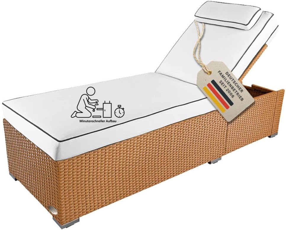 RS Trade Sonnenliege Gartenliege wetterfest extra hoch auch für Senioren, stabil & belastbar bis 200kg, Polyrattan Outdoor mit Rollen, Natur Rattan