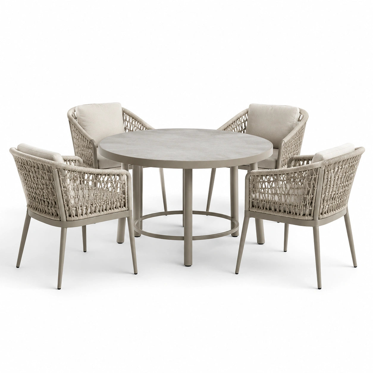 5-teiliges Gartenmöbel-Set Beige/Greige mit rundem Tisch Ø 120 × 75 cm und 4 Armlehnstühlen 65 × 63 × 82 cm