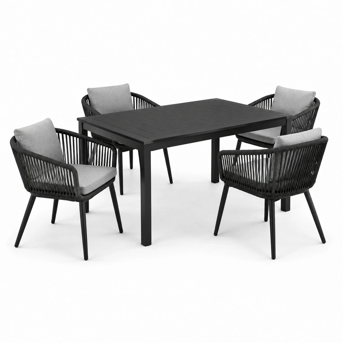5-teiliges Gartenmöbel-Set Schwarz/Grau mit Esstisch 150 × 90 × 75 cm und 4 Armlehnstühlen 61 × 63 × 82 cm