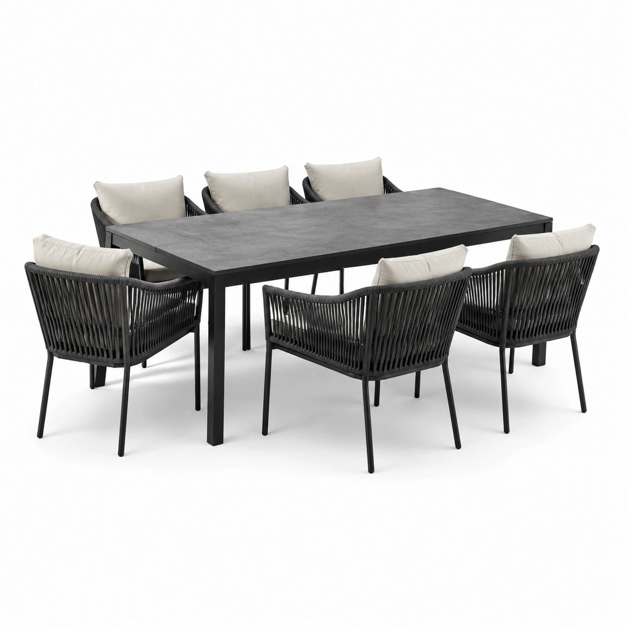 7-teiliges Gartenmöbel-Set für 6 Personen, Tisch 200 × 100 × 75 cm, Stühle 62 × 62 × 82 cm, Schwarz/Grau/Beige