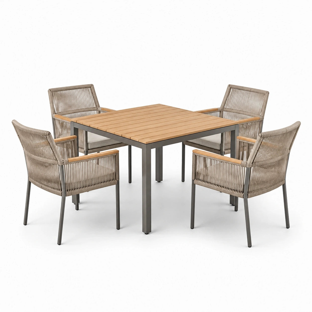 5-teilige Gartenmöbelgruppe mit Tisch 120 × 120 × 75 cm und 4 Stühlen 60 × 62 × 78,5 cm, Taupe/Anthrazit/Naturbraun