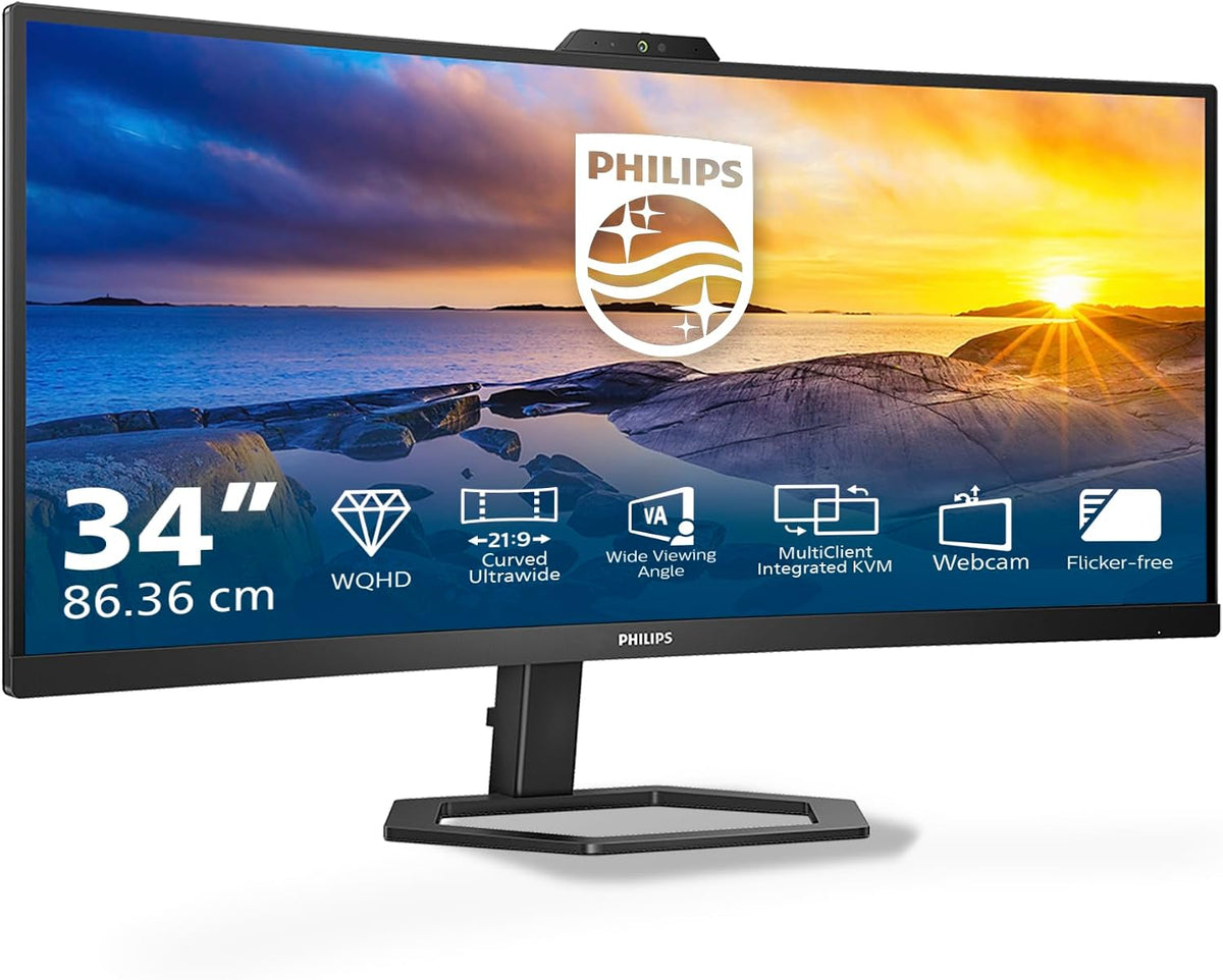 PHILIPS 34E1C5600AM 34 Zoll Curved, 100Hz, UW-QHD USB Hub Monitor, (3440x1440 HDMI 1x 2.0 DP 1x 1.2) Schwarz, VA Panel, 4ms GtG, Webcam, Lautsprecher