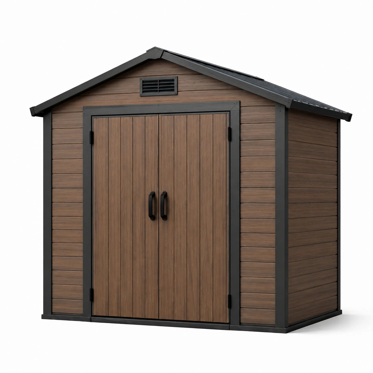 Gerätehaus aus Kunststoff in Holzoptik, Braun/Schwarz, 180 × 120 × 210 cm, mit Doppeltür und Lüftungsöffnung