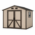 Gartenhaus aus Kunststoff, 245 × 185 × 220 cm, Beige/Dunkelbraun/Schwarz, mit Doppeltür, Fenster, Lüftungsöffnungen und Satteldach