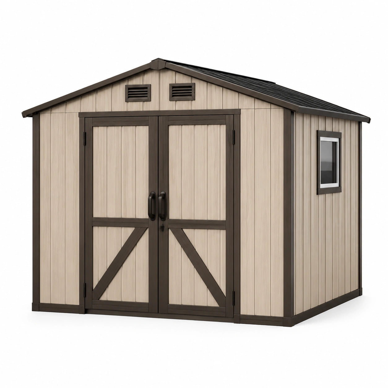 Gartenhaus aus Kunststoff, 245 × 185 × 220 cm, Beige/Dunkelbraun/Schwarz, mit Doppeltür, Fenster, Lüftungsöffnungen und Satteldach
