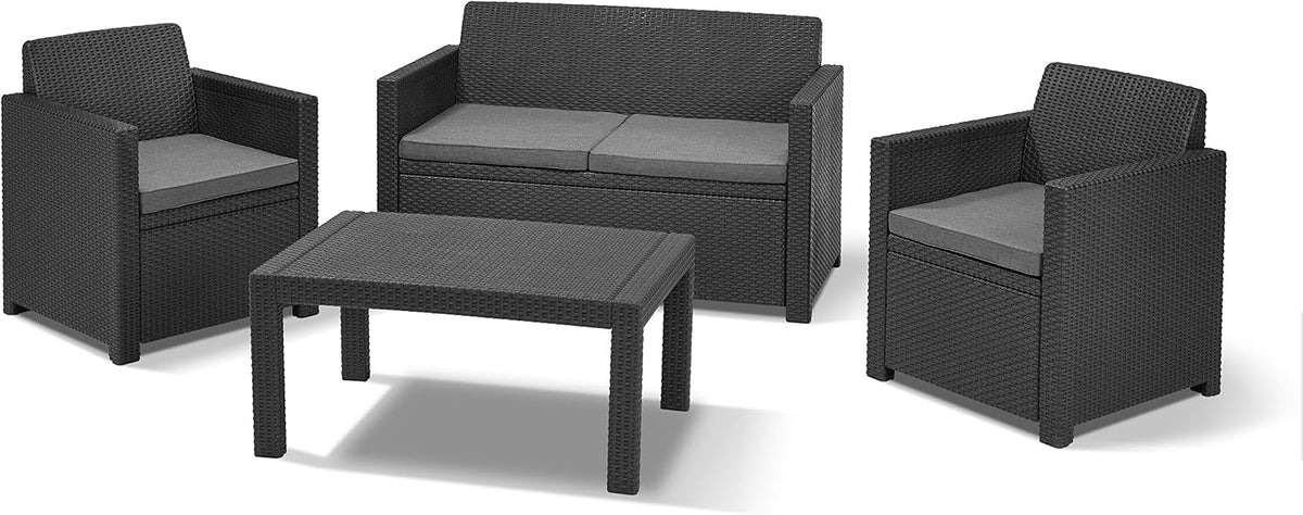 Allibert by Keter Merano Gartenmöbel Set aus Kunststoff, 4-teilig, 2 Sessel, Sofa & Tisch, für Garten & Terrasse, inkl. Sitzkissen, grau