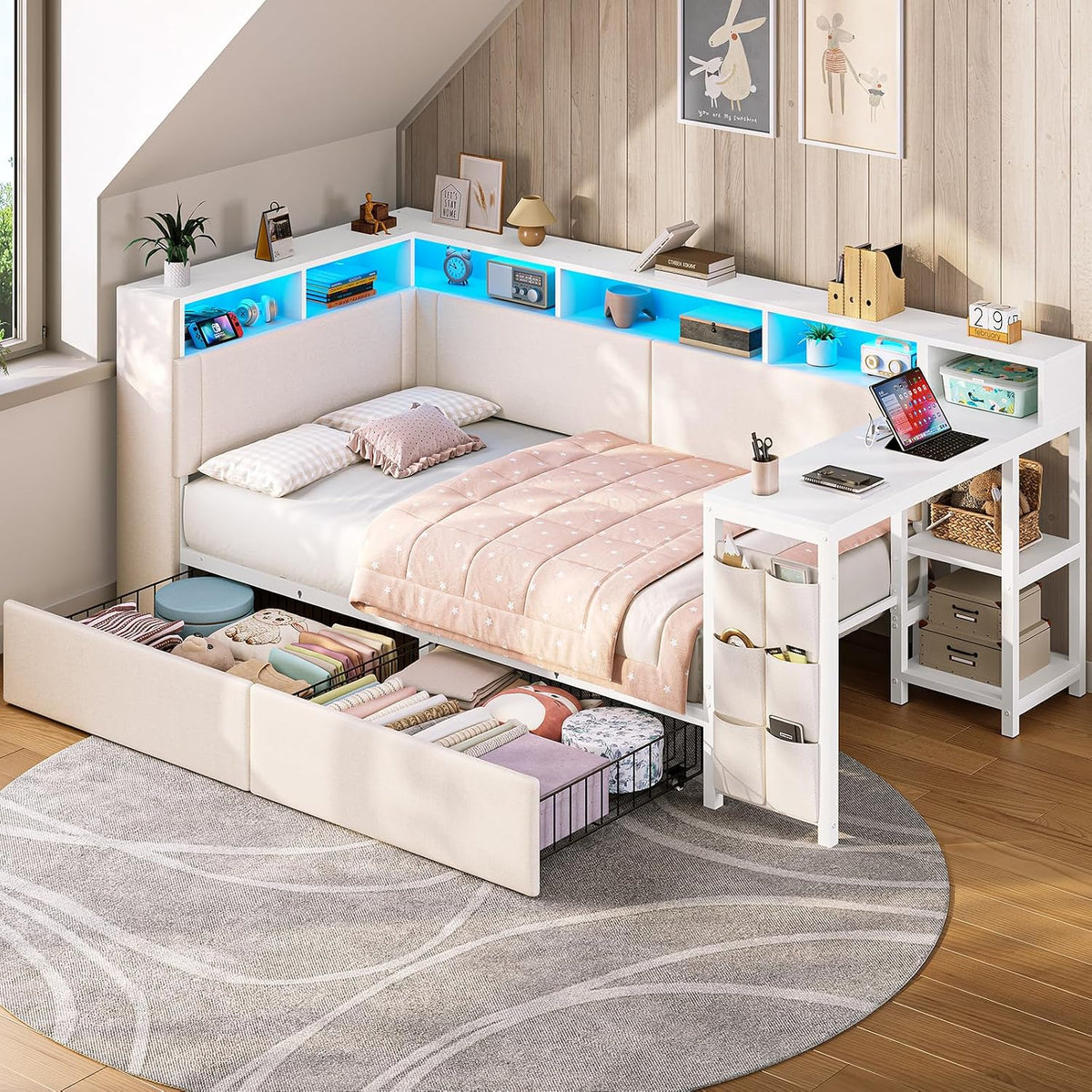 AOGLLATI Polsterbett 90x200 mit LED-Beleuchtung, Ladestation & Schreibtisch