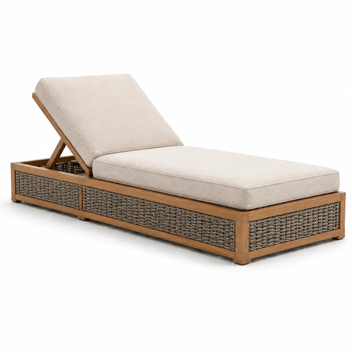 Verstellbare Gartenliege aus Holz und Geflecht mit Polsterauflage, Beige/Braun/Grau, 205 × 75 × 95 cm