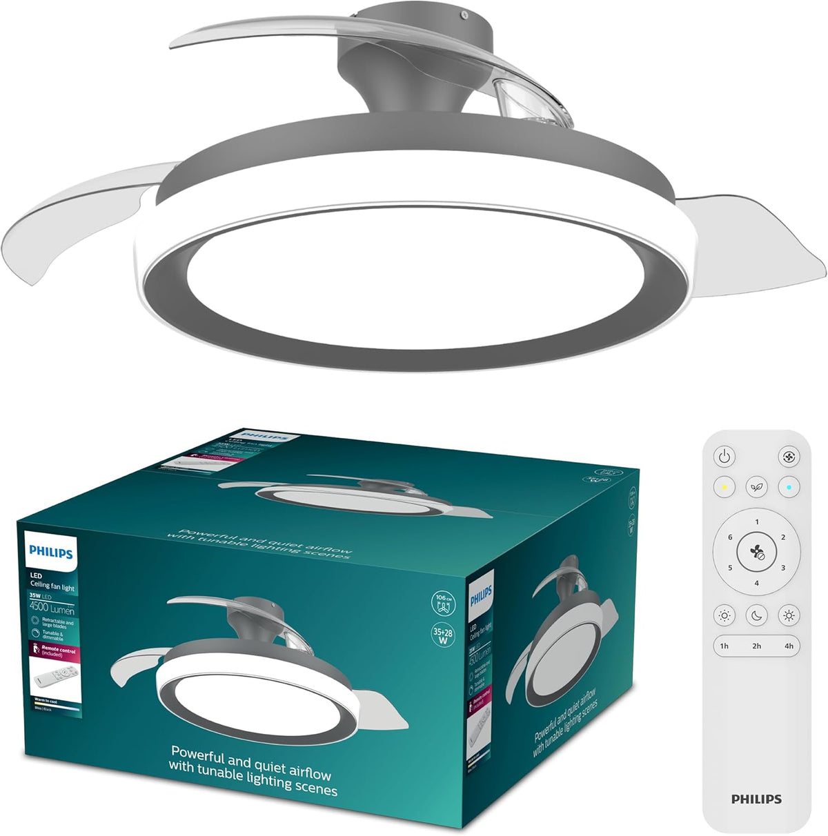 Philips Bliss Deckenventilator mit LED-Licht und Einziehbaren Flügeln, 106 cm Flügelspannweite, 3 Flügel, 4.500 Lumen, Dimmbar bis 5%, Inkl. Fernbed.