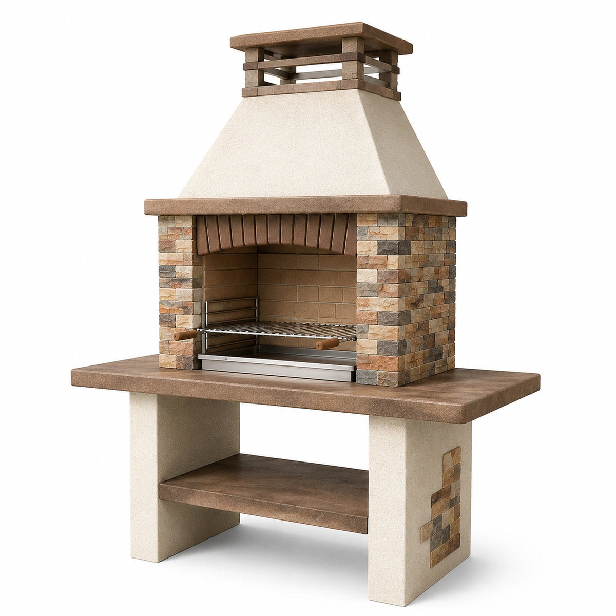 Gartengrillkamin aus mineralischem Werkstoff und Metall, Beige/Braun/Grau/Silber, 140 × 70 × 220 cm, mit Grillrost, Ablage und Rauchabzug