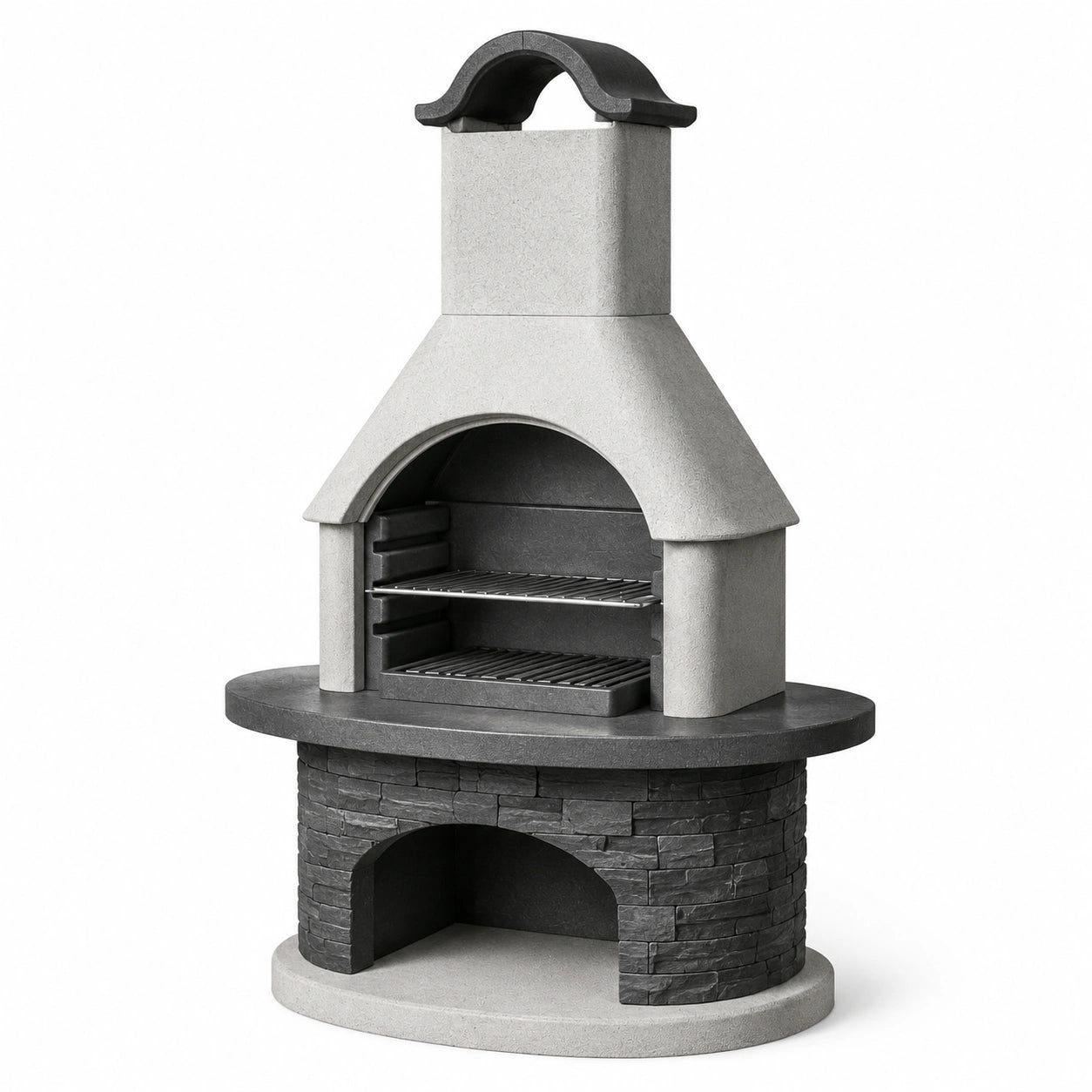 Gartengrill mit Kamin und 2 Grillrosten, 110 × 65 × 190 cm, Betonwerkstein und Metall, Hellgrau/Dunkelgrau/Schwarz