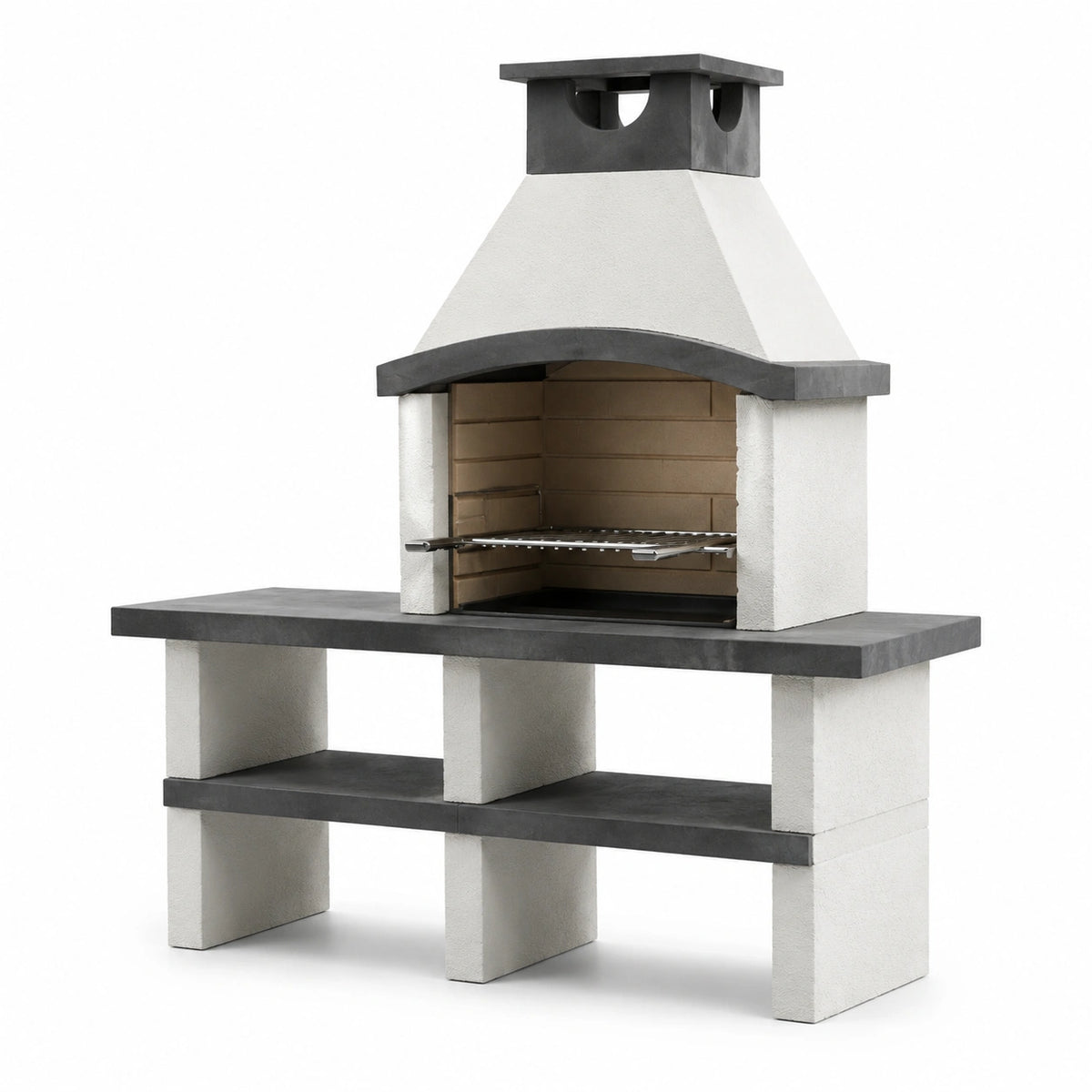 Gartenkamin aus Beton mit Grillrost und Ablagefach, Weiß/Anthrazit/Braun, 160 × 60 × 210 cm