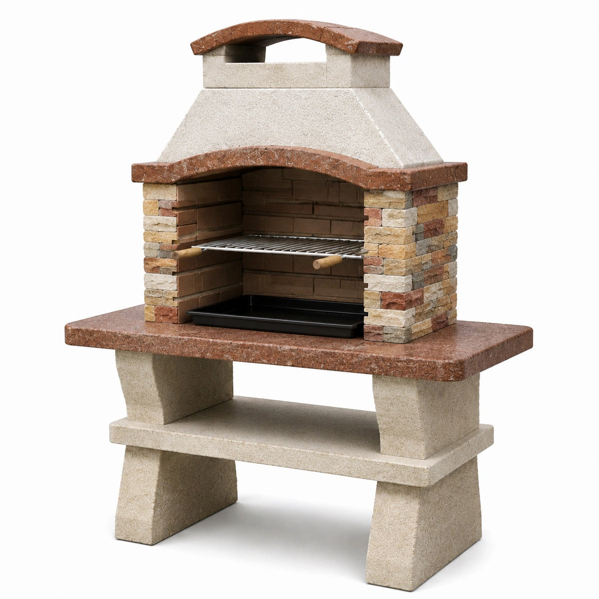 Gartengrill aus Beton in Beige/Braun, 110 × 65 × 180 cm, rustikale Steinoptik, mit Grillrost und Ablage