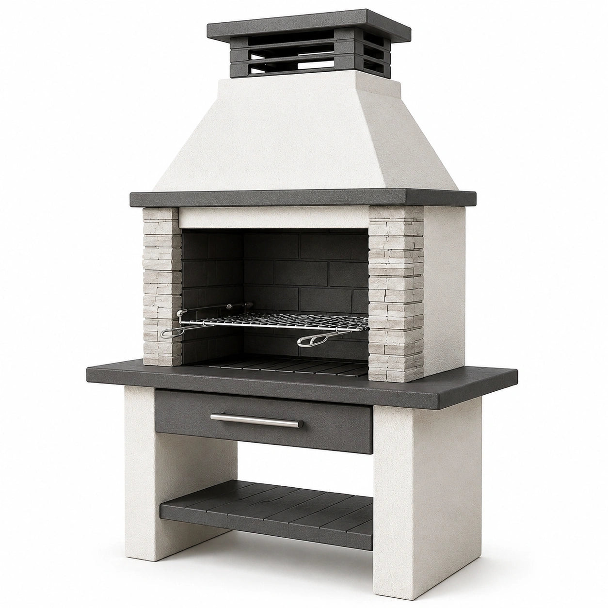 Gartenkamin mit Holzkohlegrill, höhenverstellbarem Grillrost, Schublade und Ablage, 110 × 65 × 210 cm, Weiß/Anthrazit/Silber