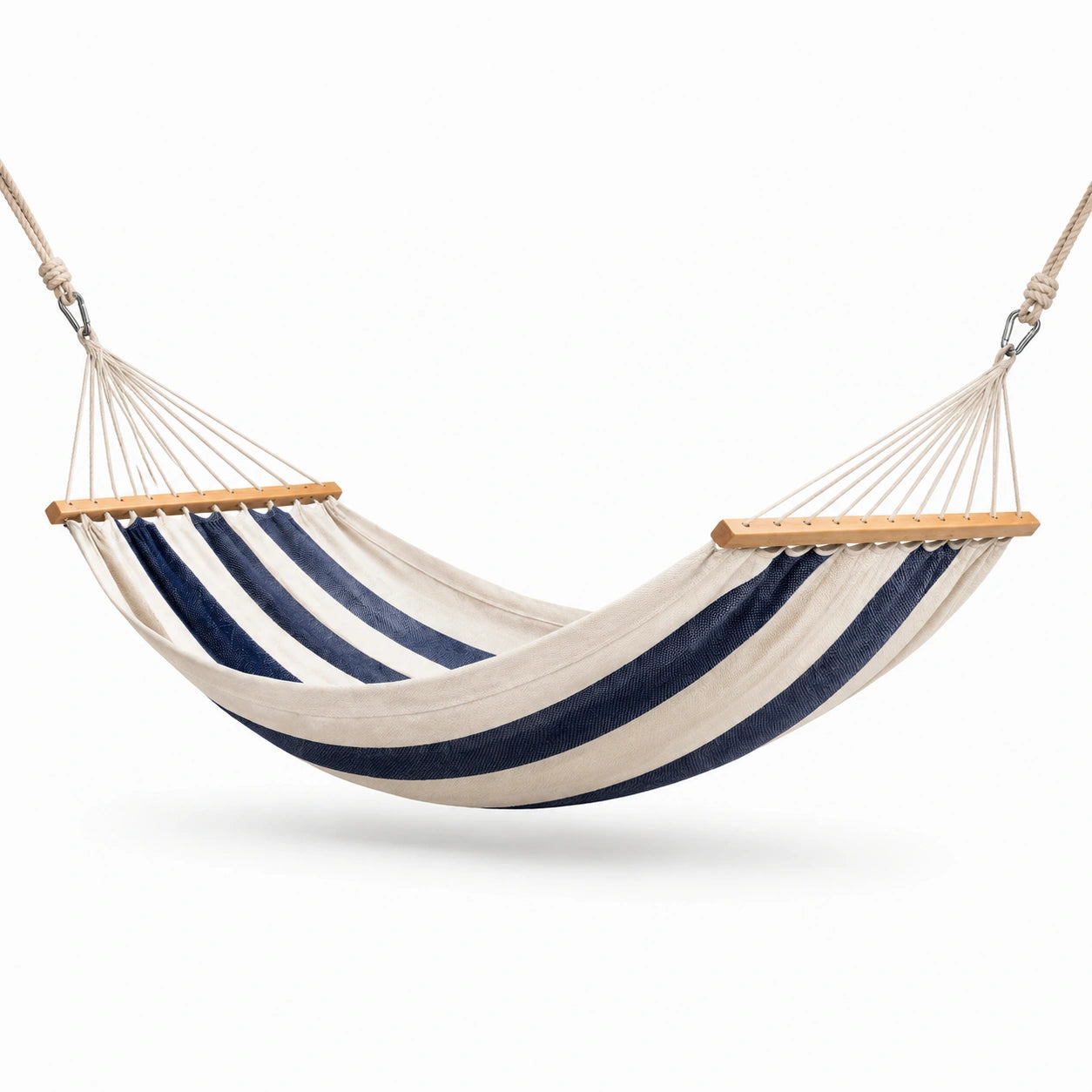 Stabhängematte 200 × 100 × 2 cm in Marineblau und Creme mit Holzspreizstäben