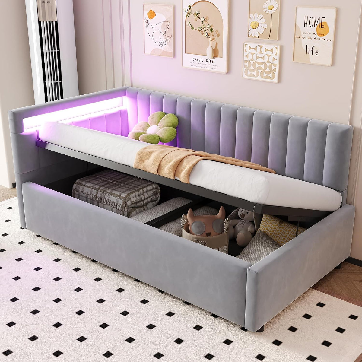 ANIROY Kinderbett Polsterbett 90 x 200 cm, ohne Matratze (Hellgrau), Schlafsofa Einzelbett mit LED und Hydraulischem Stauraum