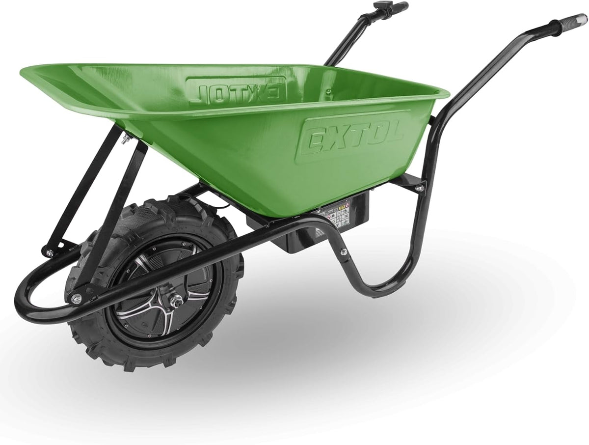 Extol Craft elektrische Schubkarre mit Akku, mit Zwei 12V Blei Batterien, 500 W, 80 L Mulde & 150 kg Traglast, leistungsfähige Motorschubkarre