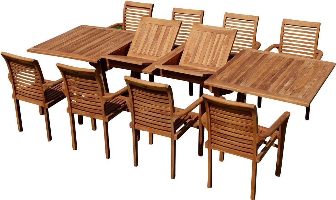 ALEOS. Teak Gartengarnitur Gartenset Sitzgruppe Ausziehtisch Tobago 200-250-300x100 cm mit 8 Stapelsessel Alpen aus Teakholz Gartenmöbelset