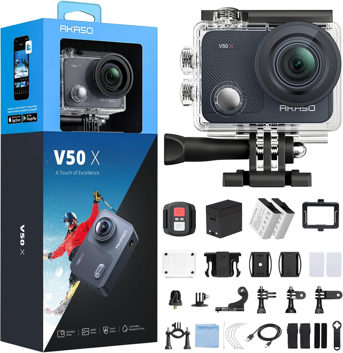 AKASO Action Cam 4K30FPS Unterwasserkamera WiFi 40M EIS Anti-Shake Action Kamera 4X Zoom mit Touchscreen, Helmzubehör-Kit V50X, Fernbedienung