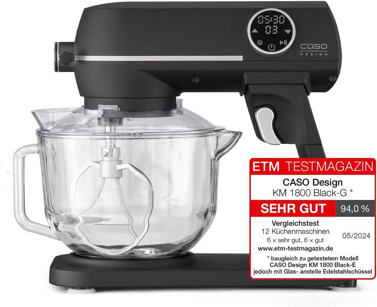 CASO KM 1800 Black-G, 4,5 l Glasschüssel, Edle Küchenmaschine, Testurteil: Sehr Gut, 1800 Watt, planetarisches Rührwerk, 10 Geschwindigkeitsstufen