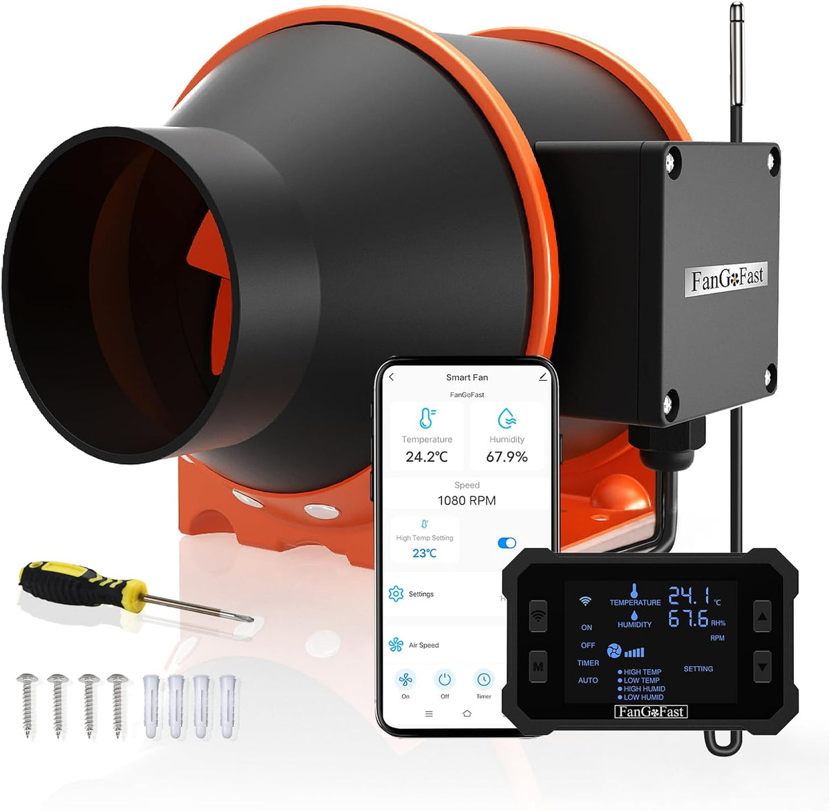 FanGoFast 100mm APP KONTROLLIERT Rohrventilator mit Temperatur- und Feuchtigkeitsregler, 3000 RPM Abluftventilator für Booster, EC-Motor