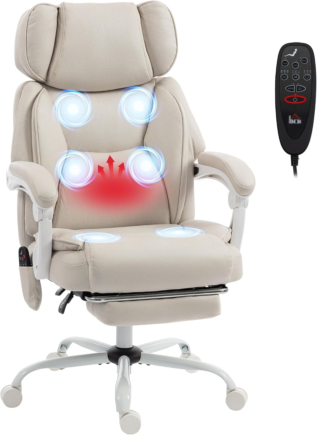 HOMCOM Bürostuhl mit Massagefunktion Ergonomisch Leathaire-Stoff Cremeweiß